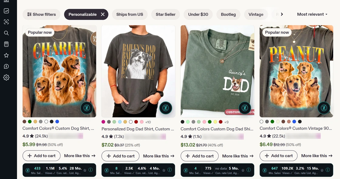 ZeusLens cards with sales, views, conversion and age under each search result
